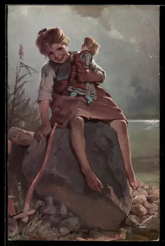 Künstler-AK sign. Karl Raupp: Mädchen mit Puppe an einem Gewässer