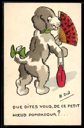 Künstler-AK sign. H. Did: Pudeldame mit Fächer und Handtasche
