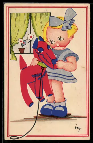Künstler-AK sign. Ben: Mädchen mit Spielzeugtier
