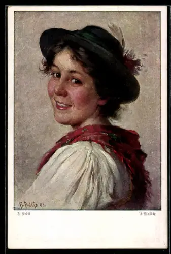 Künstler-AK sign. F. Prölss: S`Moidle, Lachendes Mädchen in Tracht