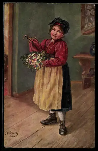 Künstler-AK sign. Gg. Roessler: Kleine Besucherin mit Blumen