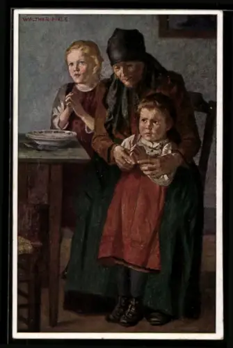 AK Kinderfürsorge für Säuglings- und Kleinkinderschutz, Mutter mit Kindern beim Mittagsgebet