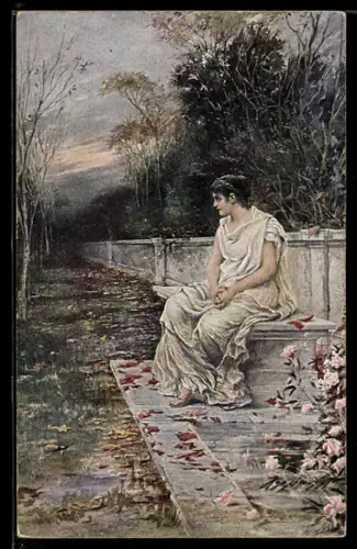 Künstler-AK sign. J. v. Koppay: Verlassene Frau an einem düsteren Herbstabend