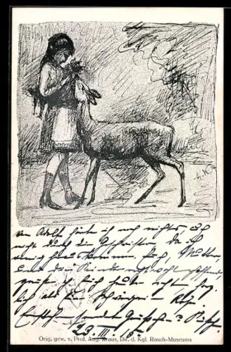 Künstler-AK sign. August Kraus: Mädchen und Reh