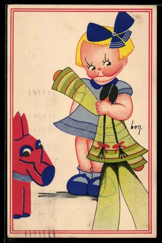 Künstler-AK sign. Ben: Mädchen mit Puppe und Stofftier