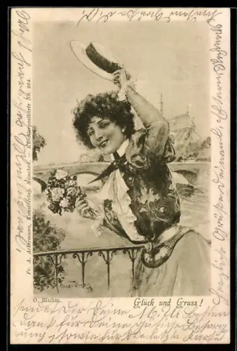 Künstler-AK sign. O. Bluhm: Grüssende junge Dame mit Blumen