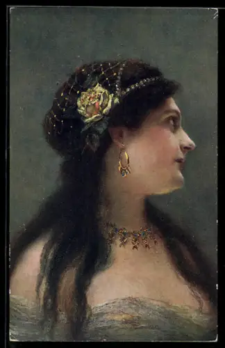 Künstler-AK sign. Th. Hilser: Mädchen mit Haarnetz und -blume, Portrait