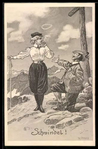 Künstler-AK sign. R. Mahn: Schwindel!, Serie Gefahren der Alpen