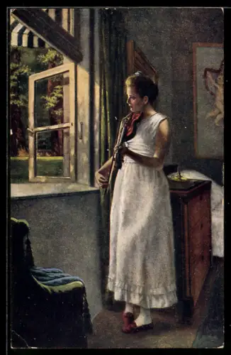 Künstler-AK Morgenlied, Geige spielende Schönheit am offenen Fenster