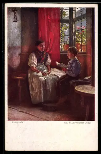 Künstler-AK Brüder Kohn (B.K.W.I) Nr. 1374: Leseprobe, Sohn liest seiner Mutter vor