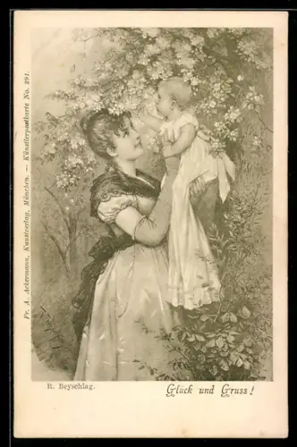 Künstler-AK sign. R. Beyschlag: Mutter mit Kleinkind im Frühling