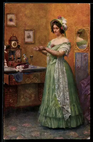 Künstler-AK C. Schuster: Kommode mit Spieluhren, Vor der Promenade, Frau macht sich schick