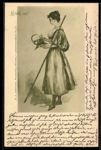 Künstler-AK sign. Henri: Glück auf!, Trachtenmädchen