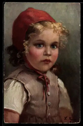 Künstler-AK sign. L. Kraus: Kleines Mädchen mit roter Kappe