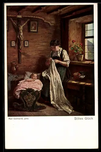 Künstler-AK sign. Karl Gebhardt: Stilles Glück, Mutter sitzt bei schlafendem Kind