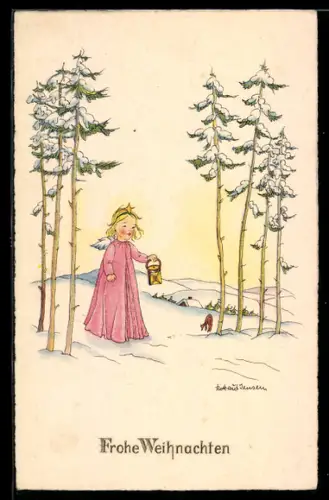 Künstler-AK sign. Rotraut Jensen: Kleiner Engel mit Lampe im Schnee, Weihnachtsgruss