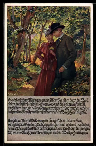 Künstler-AK sign. J. Durst: Paar auf einer Waldlichtung im Frühling