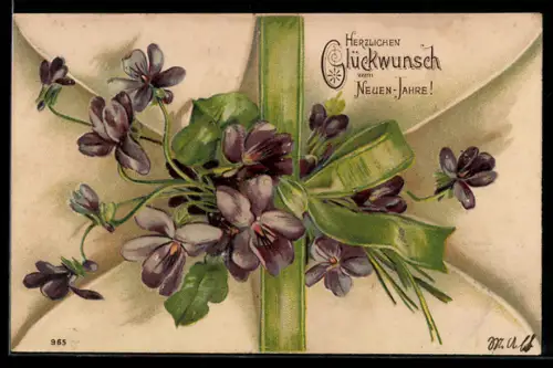 Präge-AK Grüne Schleife mit Veilchen, Neujahr