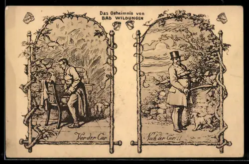 AK Bad Wildungen, Mann mit Nachttopf, Vor der Cur, nach der Cur