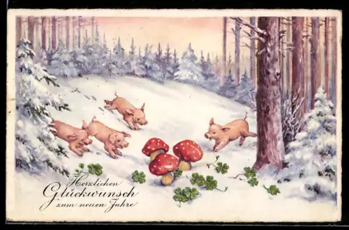 AK Glücksschweine, Fliegenpilze und Kleeblätter im verschneiten Wald, Neujahrsgruss