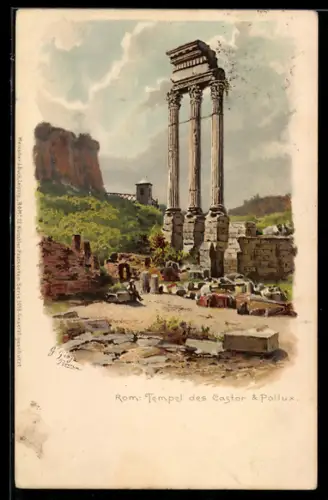 Lithographie Rom, Tempel des Castor und Pollux