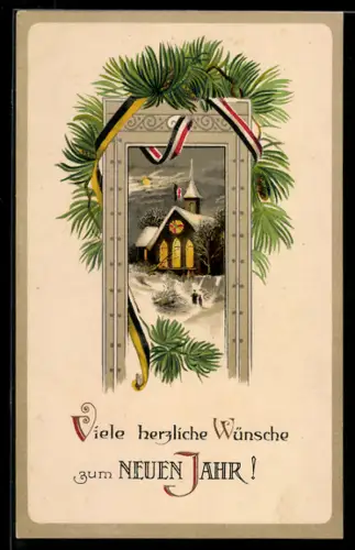AK Kirche in winterlicher Landschaft, Neujahrsgruss
