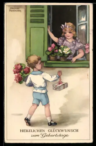 Künstler-AK Hannes Petersen: Junge mit Geschenk bei Mädchen am Fenster, Geburtstagsgruss