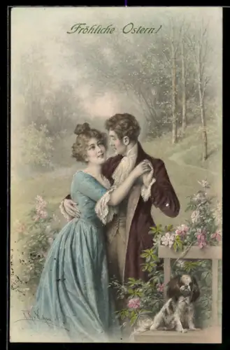 Künstler-AK Wichera: Liebespaar mit Hund an Bank, Ostergruss