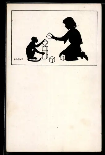 Künstler-AK Carus: Schattenbild, Mädchen und Affe spielen mit Würfeln