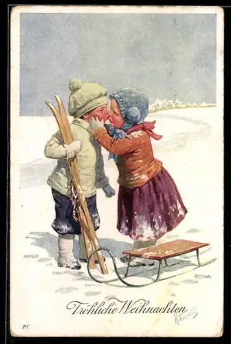 Künstler-AK Karl Feiertag: Kinderpaar mit Schlitten küsst sich, Weihnachtsgruss
