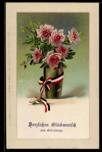 AK Rosen in einer Vase, Geburtstagsgruss