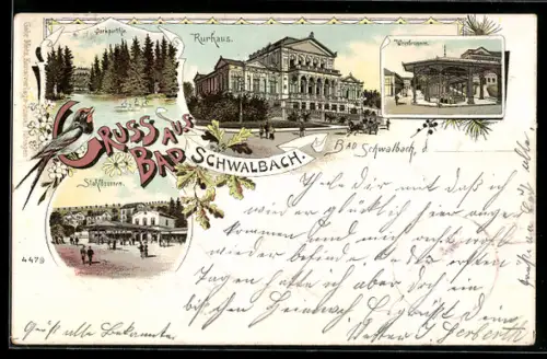 Lithographie Bad Schwalbach, Kurhaus, Weinbrunnen, Stahlbrunnen