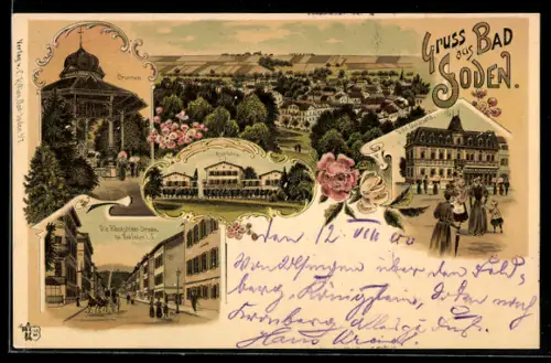 Lithographie Bad Soden / Taunus, Königsteiner-Strasse, Villa Quisisana, Kurhaus, Brunnen, Ortsansicht
