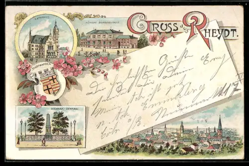 Lithographie Rheydt, Höhere Bürgerschule, Stadtwappen, Ortsansicht