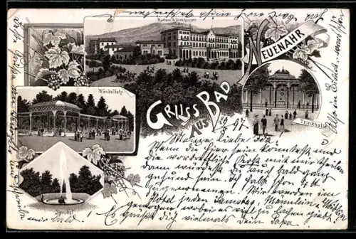 Lithographie Bad Neuenahr, Die Wandelbahn, Kurhotel und der Kurgarten, Die Trinkhalle