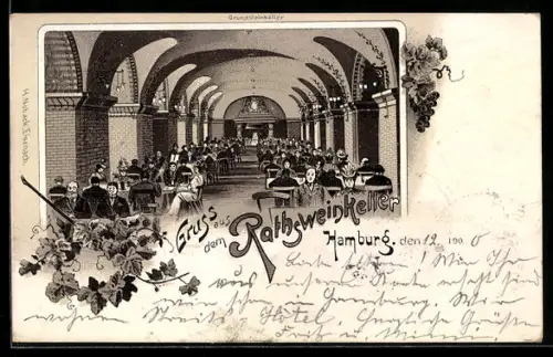 Lithographie Hamburg, Rathsweinkeller mit Gästen