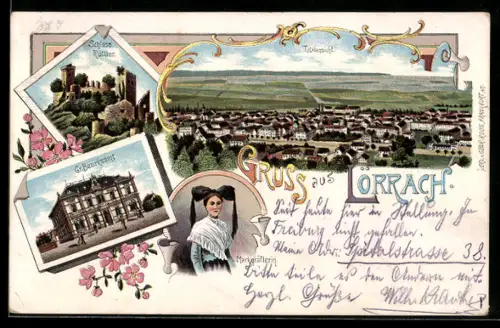 Lithographie Lörrach, Gr. Bezirksamt, Schloss Röttler, Totalansicht