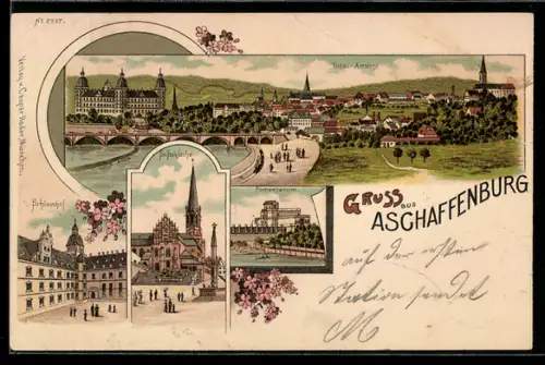 Lithographie Aschaffenburg, Totalansicht, Schlosshof, Stiftskirche