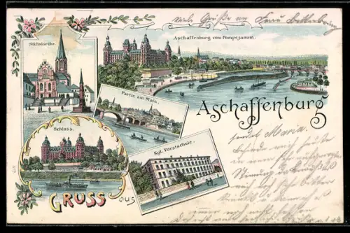 Lithographie Aschaffenburg, Ortsansicht vom Pompejanum aus gesehen, Stiftskirche, Schloss