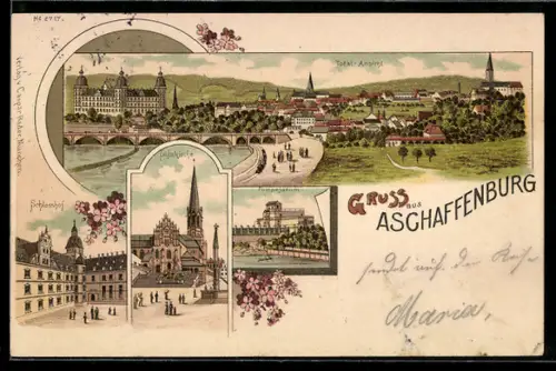 Lithographie Aschaffenburg, Schlosshof, Stiftskirche, Pompejanum, Totalansicht