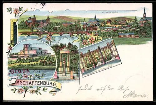 Lithographie Aschaffenburg, Totalansicht, Pompejanum, Monumentalbrunnen