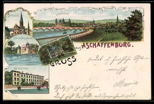 Lithographie Aschaffenburg, Schloss Mespelbrunn, Forstschule, Ortsansicht mit Brücke