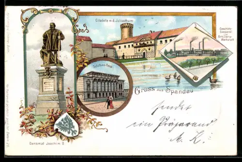 Lithographie Berlin-Spandau, Geschützgiesserei u. Artilleriewerkstatt, Zitadelle mit Juliusturm, Denkmal Joachim II.