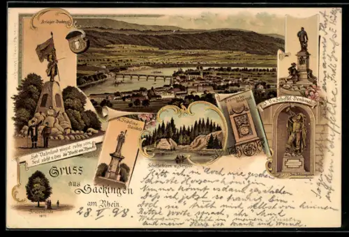 Lithographie Säckingen a. Rhein, Gesamtansicht mit Krieger-Denkmal und Scheffel-Denkmal