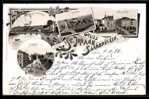 Lithographie St. Johann-Saarbrücken, Bahnhof mit Strasse, Neue Brücke, Alte Brücke und Winterberg