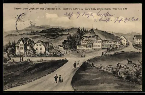 Künstler-AK Saig /Schwarzwald, Gasthof zum Ochsen V. Portner, Panorama mit Strassenkreuzungen
