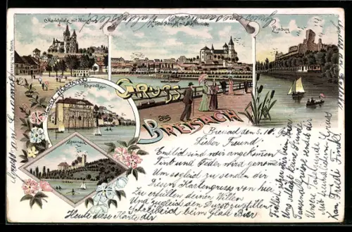 Lithographie Breisach, Totalansicht mit Schiffbrücke, Marktplatz mit Münster, Rheinthor