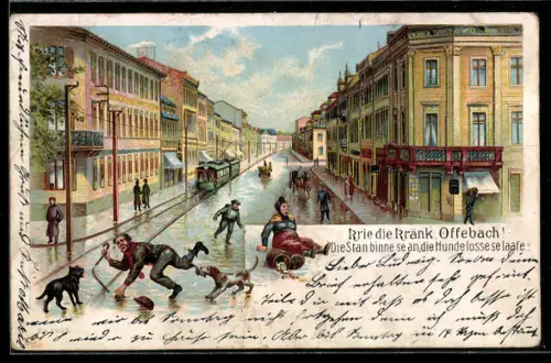 Lithographie Offenbach / Main, Vereiste Strassenszene mit Strassenbahn und Hunden