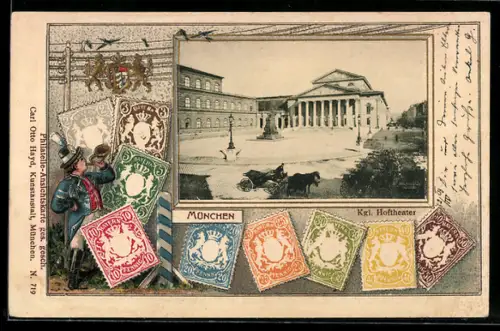 Präge-Lithographie München, Kgl. Hoftheater, Postillon mit Horn, Briefmarken