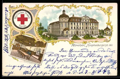 Lithographie München-Neuhausen, Bayrischer Frauen-Verein, Nymphenburgerstrasse 163, Innenansicht Speisesaal